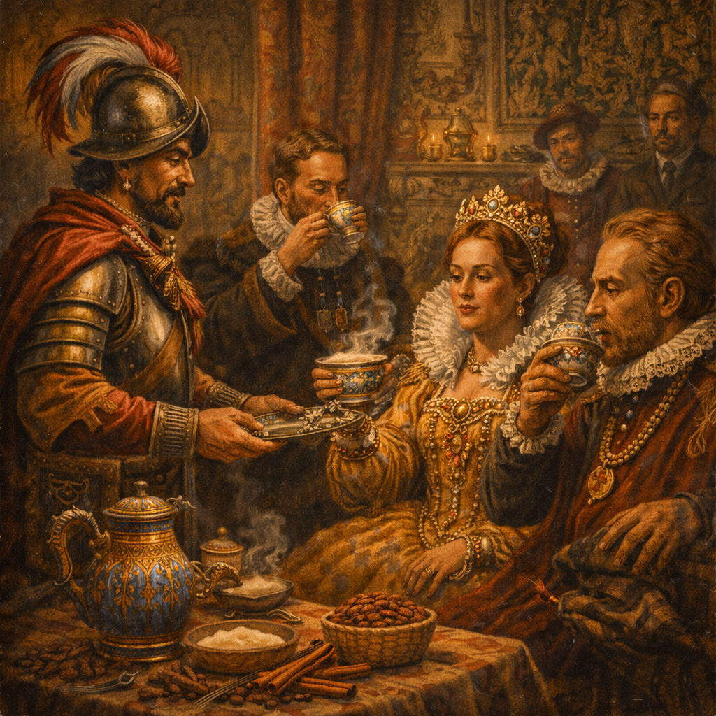 Siglo XVI llegada del cacao a Europa y consumo en cortes europeas con azúcar y especias