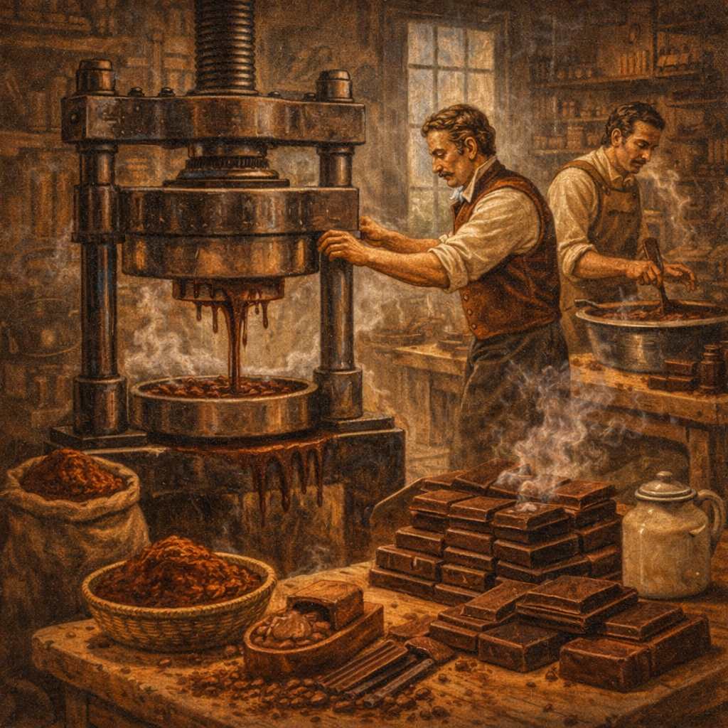 1828 Revolución Industrial prensa hidráulica y nacimiento del cacao en polvo y chocolate sólido